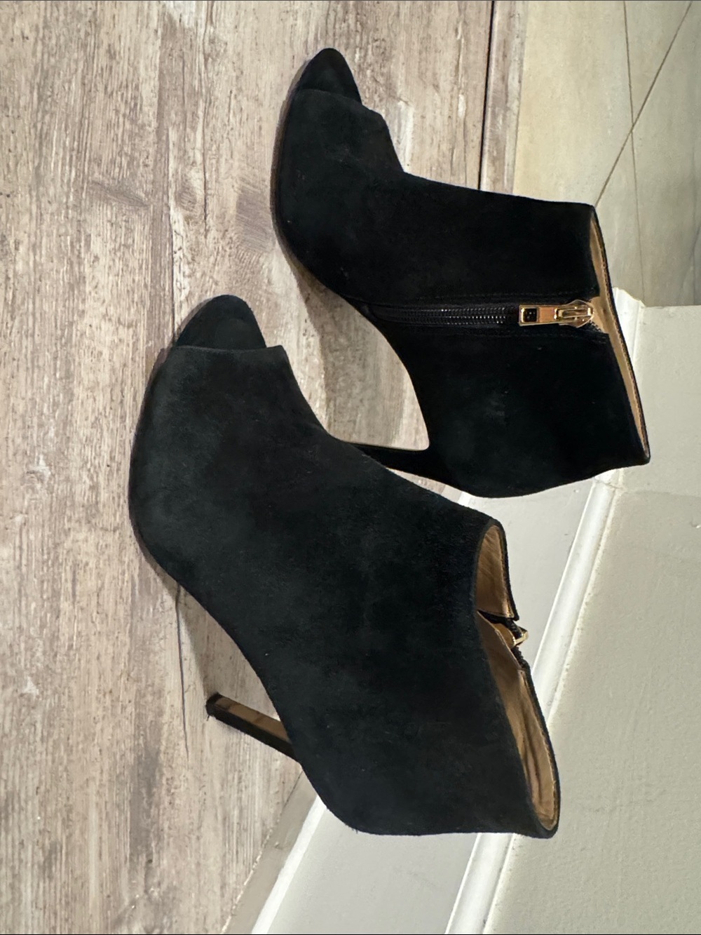 Ann Taylor Black Suede Peep-Toe Ankle Booties with Side Zip
